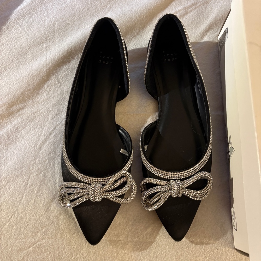 Elegant Black Satin Flats with Silver Rhinestone Bow & Border